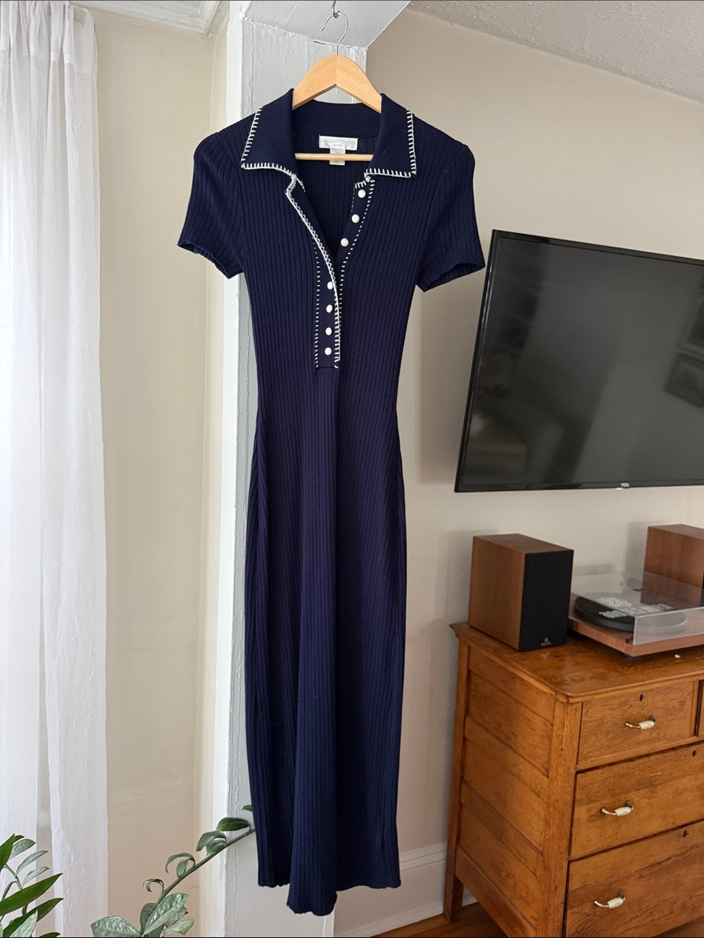 Caroline Constas Navy Ribbed Knit Polo Midi Dress Size XS